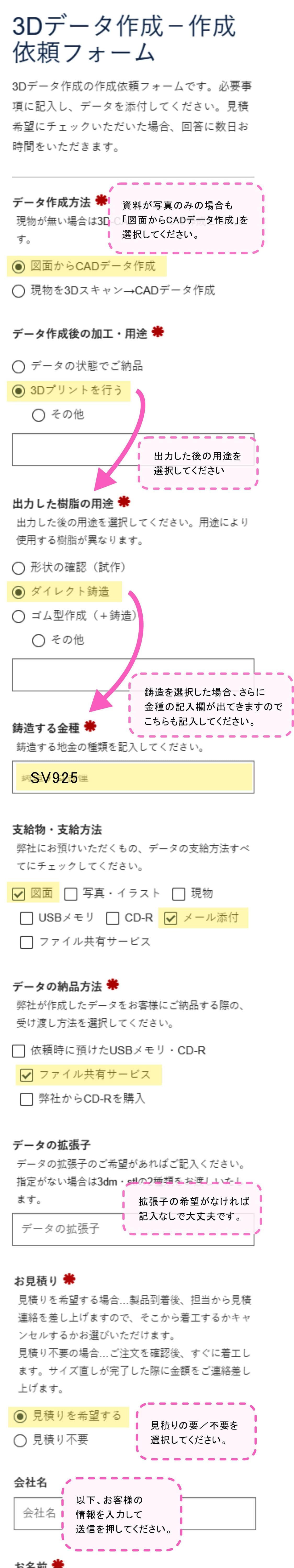 注文フォーム記入例